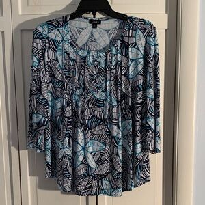 Links Navy & Teal Leaf Print Blouse EUC